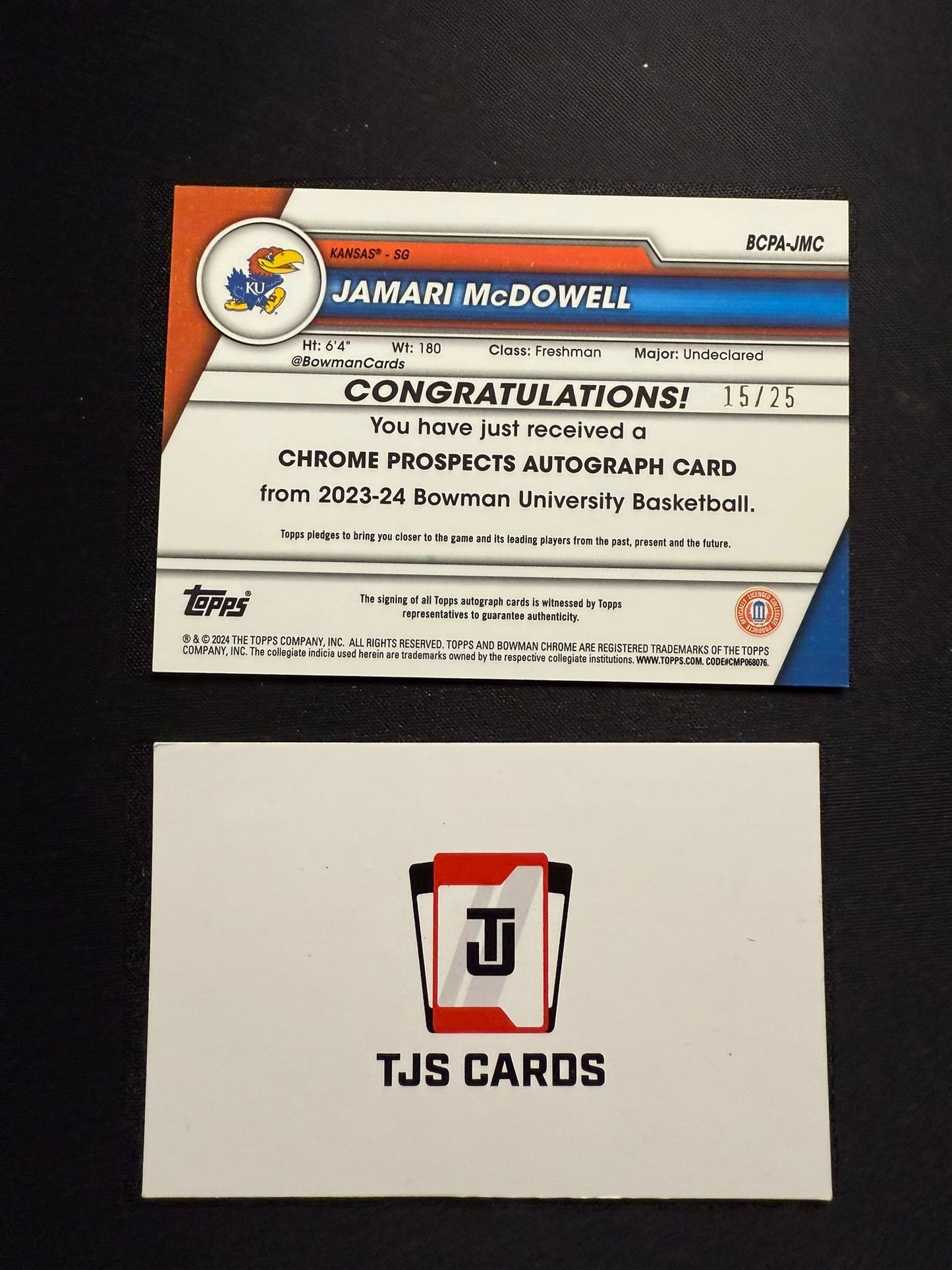 Jamari McDowell - 1st Orange Shimmer Auto /25 - TOPPS Bowman U Basketball 2023/24