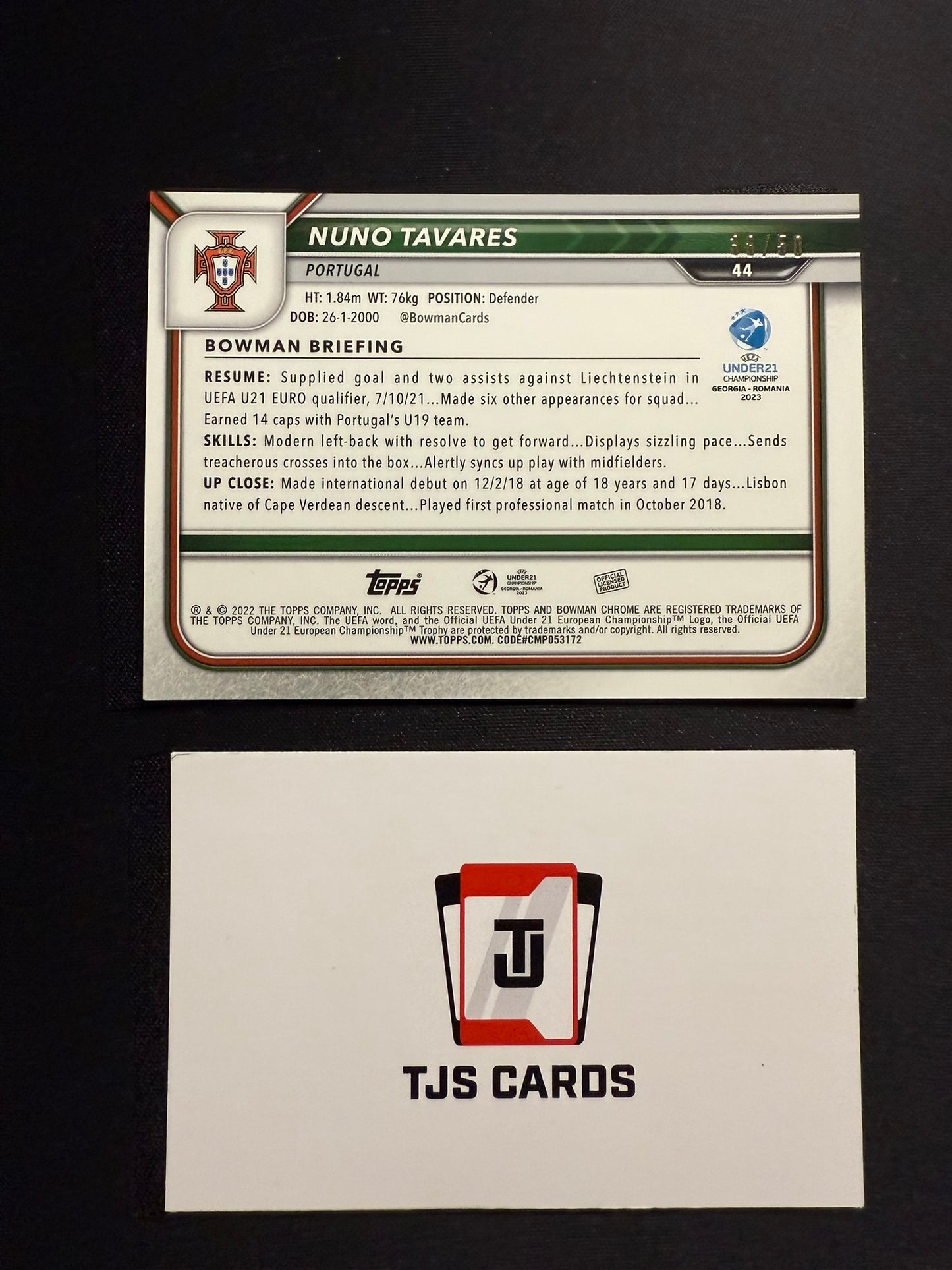 Nuno Tavares - Gold Shimmer /50 - TOPPS Bowman Chrome UEFA U21 EURO 2023