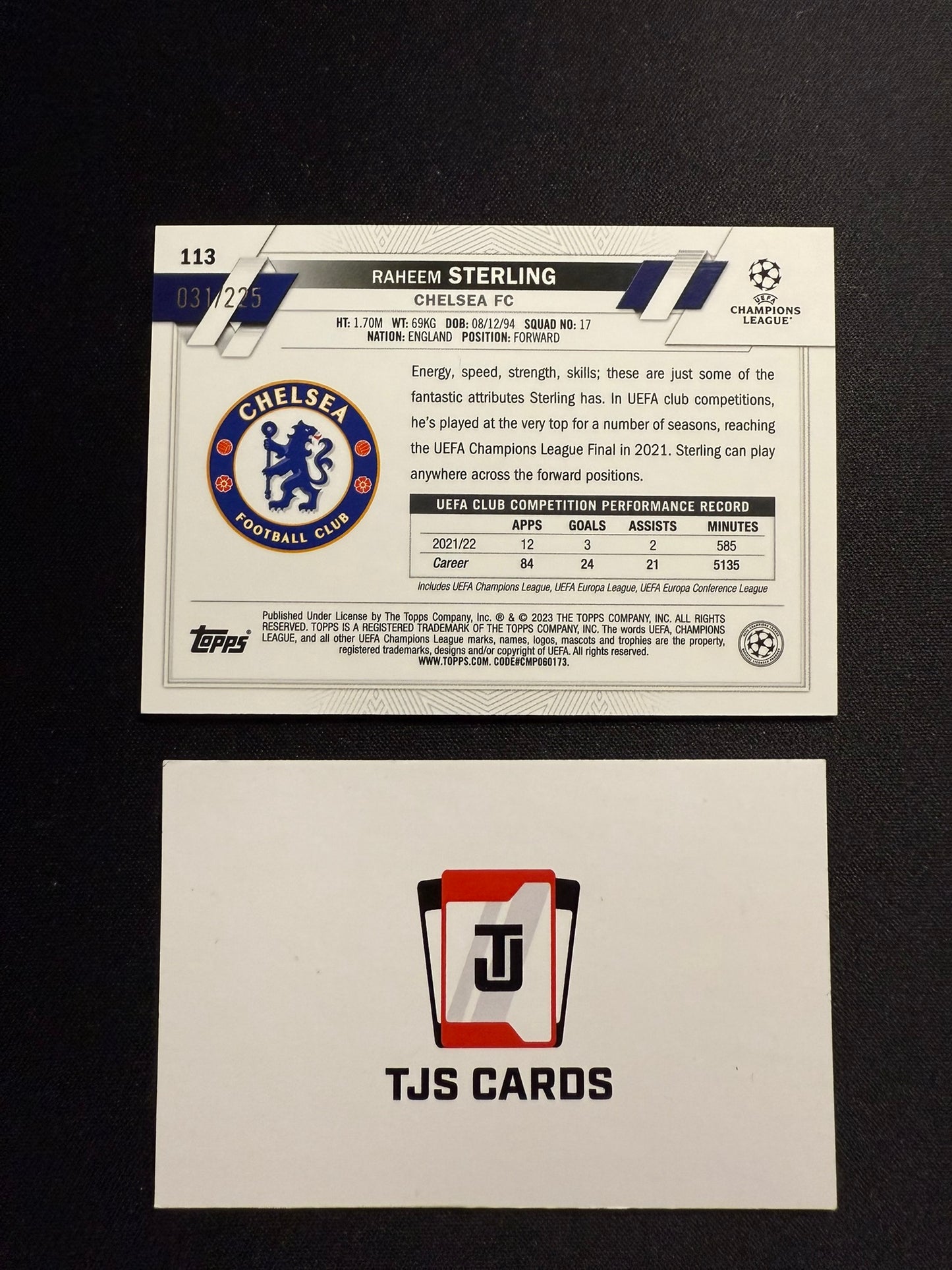 Raheem Sterling - Night Vision Ray Wave /225 - TOPPS UCC Chrome 2022/23