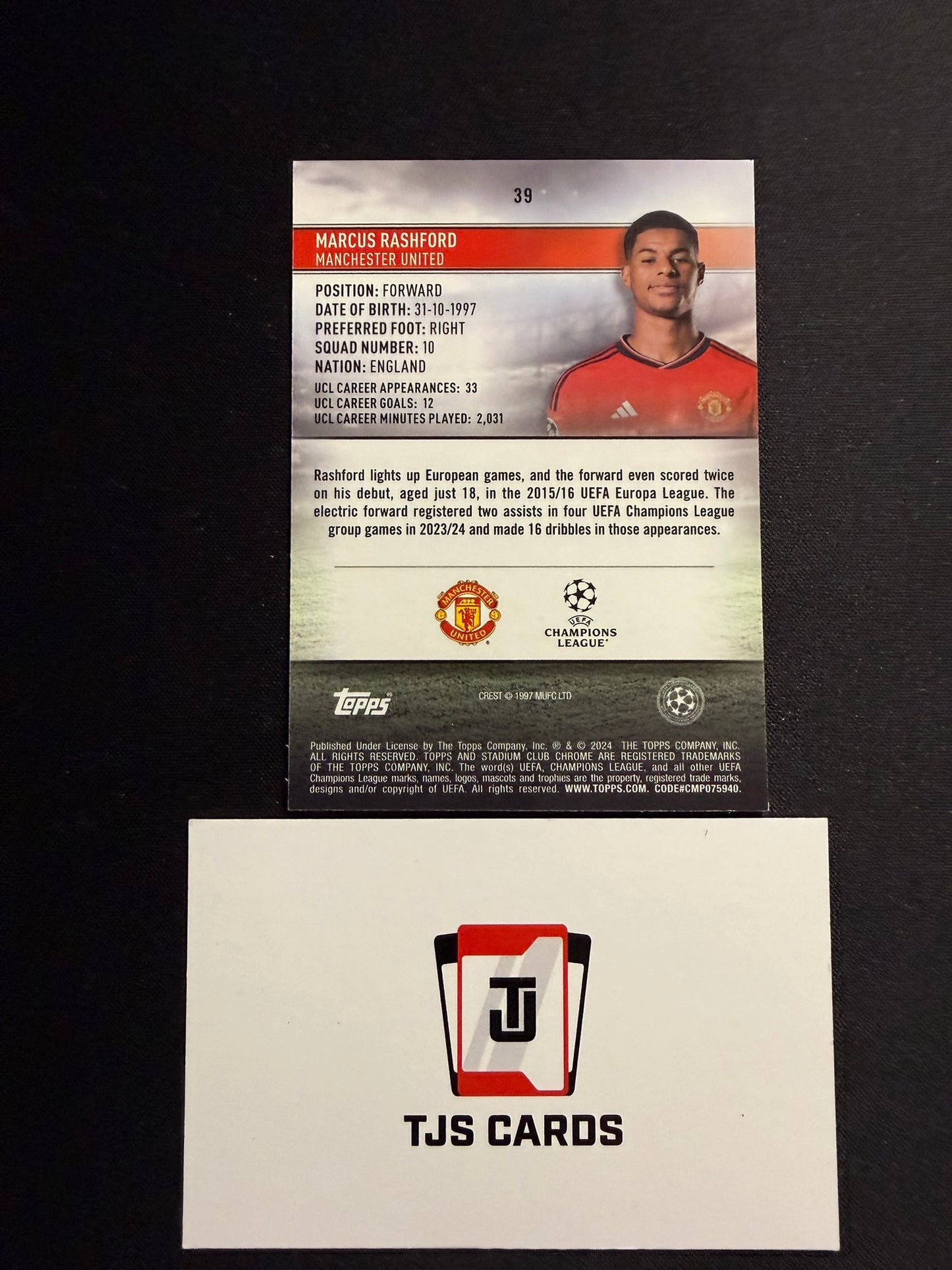 Marcus Rashford - Black & White Prism /299 - TOPPS Stadium Club Chrome 2023/24