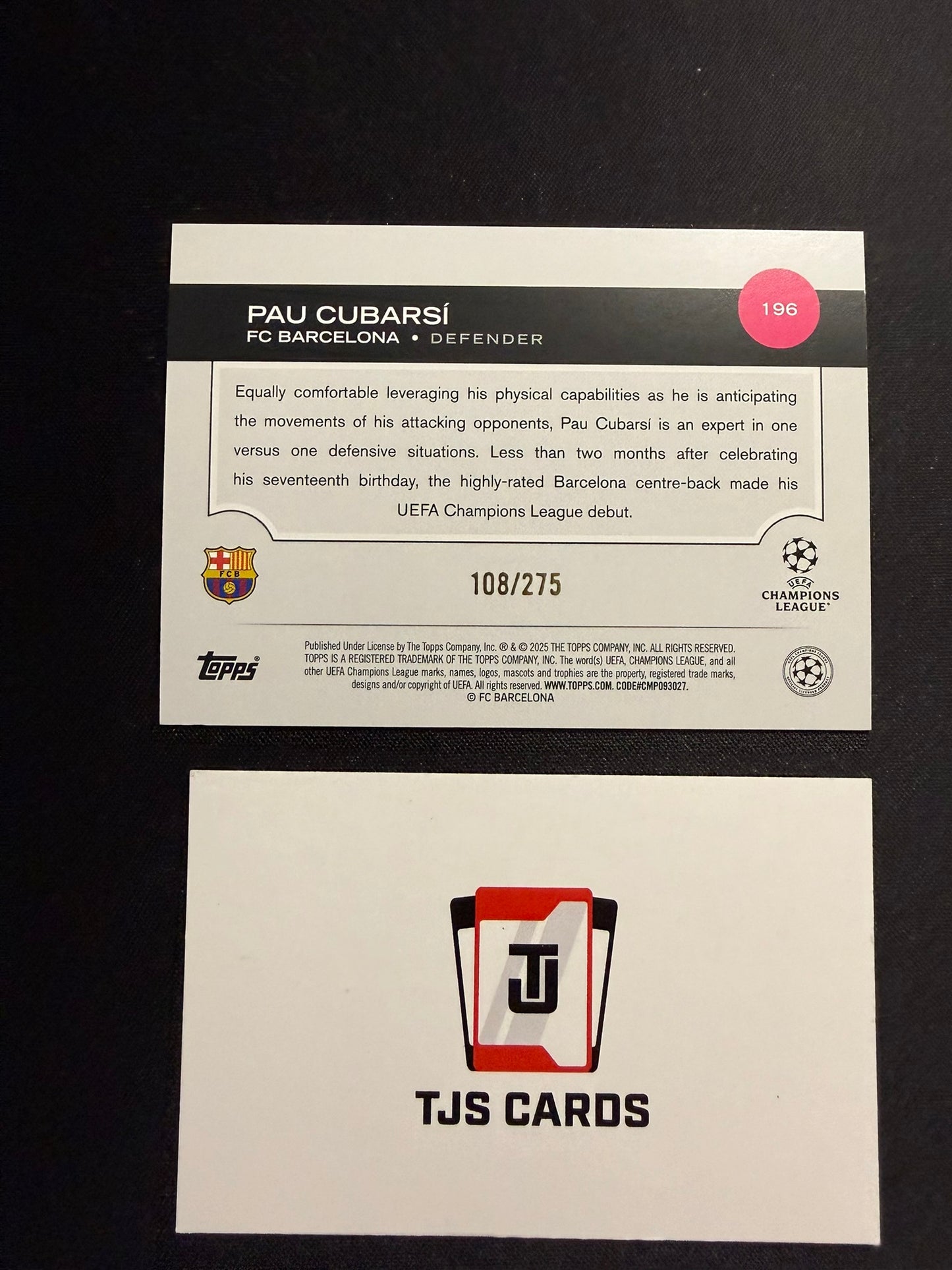 Pau Cubarsi - Navy Blue /275 - TOPPS UCC 2024/25