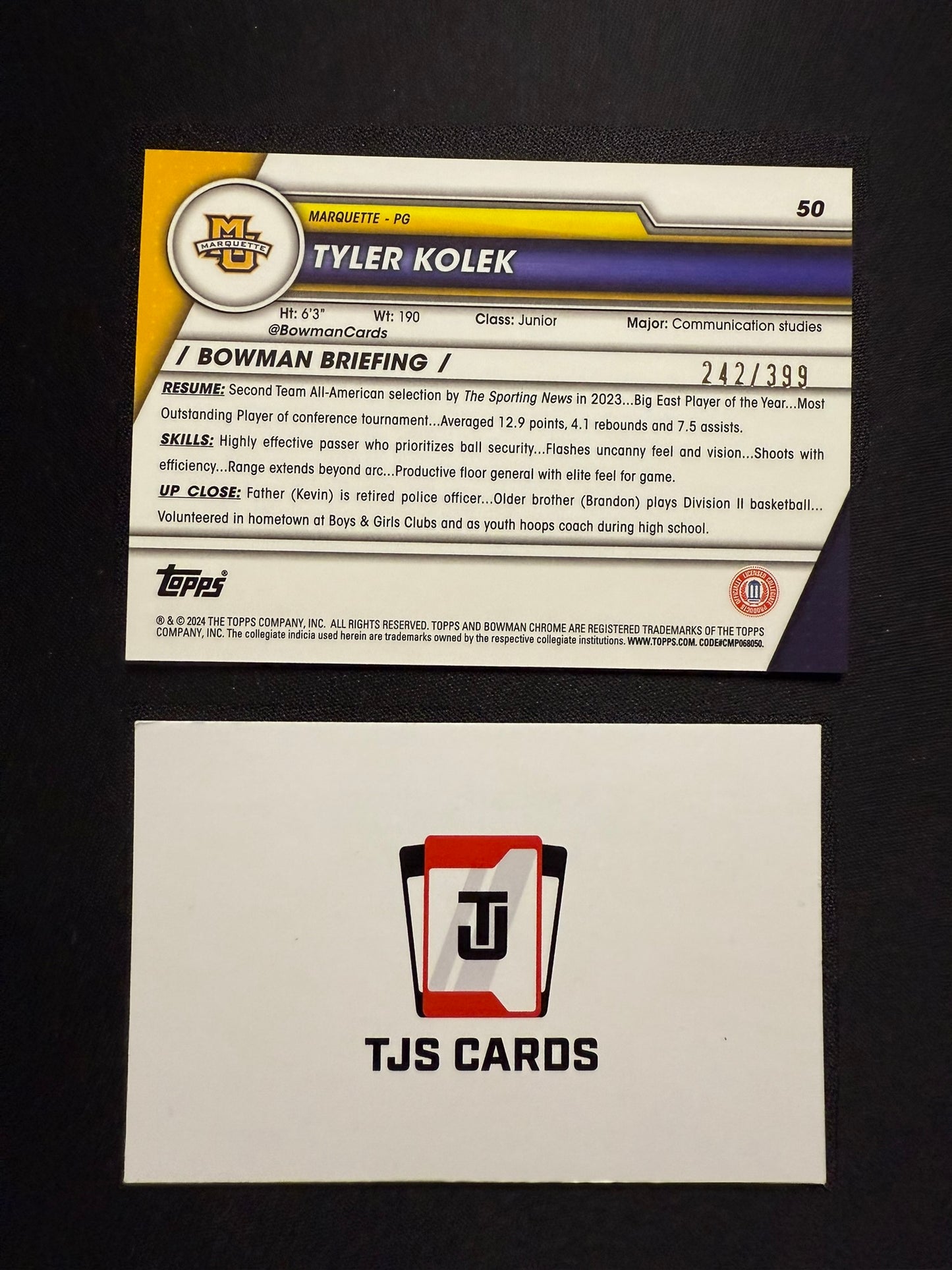 Tyler Kolek - 1st Purple /399 - TOPPS Bowman U Basketball 2023/24