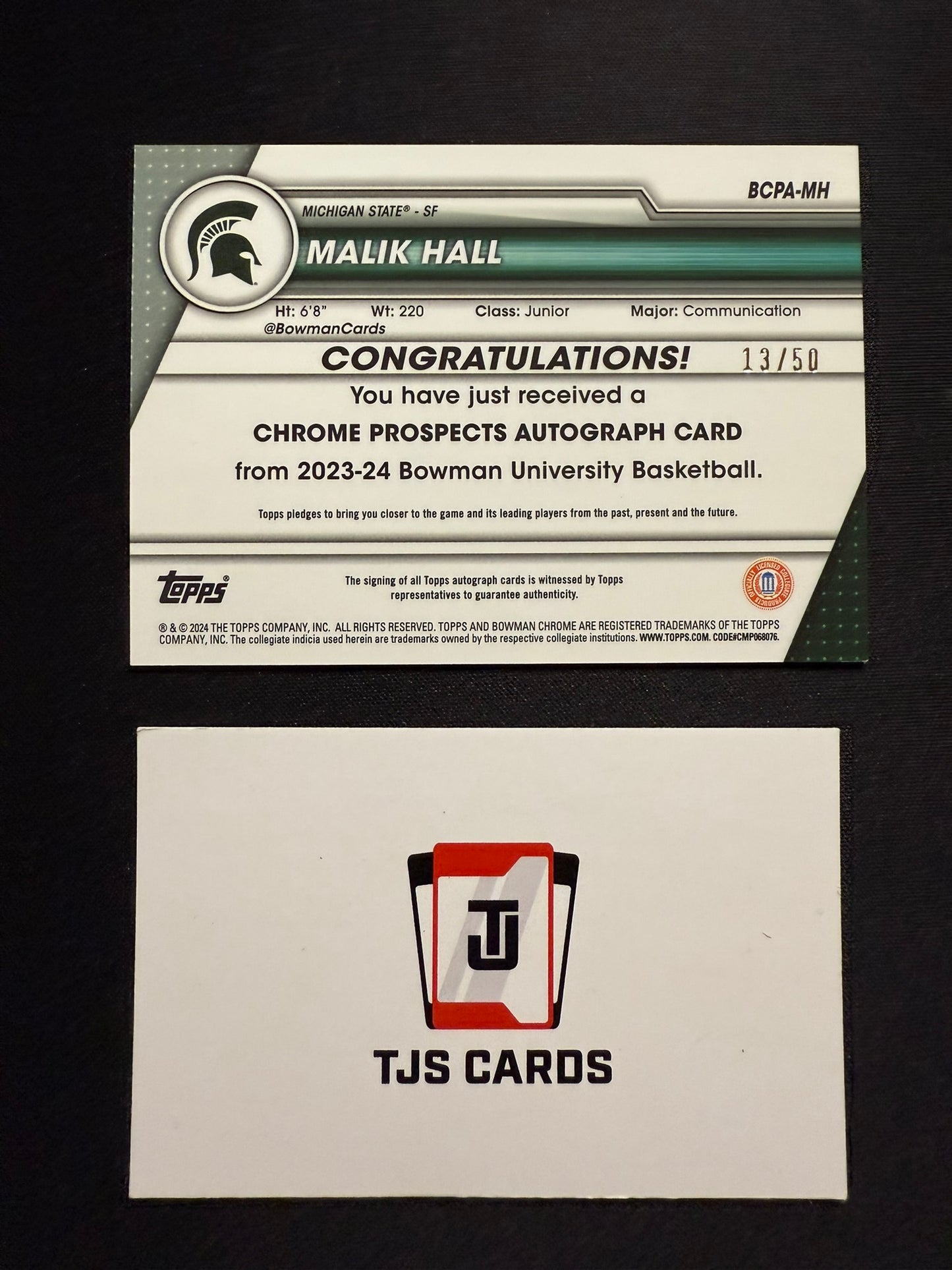 Malik Hall - 1st Gold Wave Auto /50 - TOPPS Bowman U Basketball 2023/24