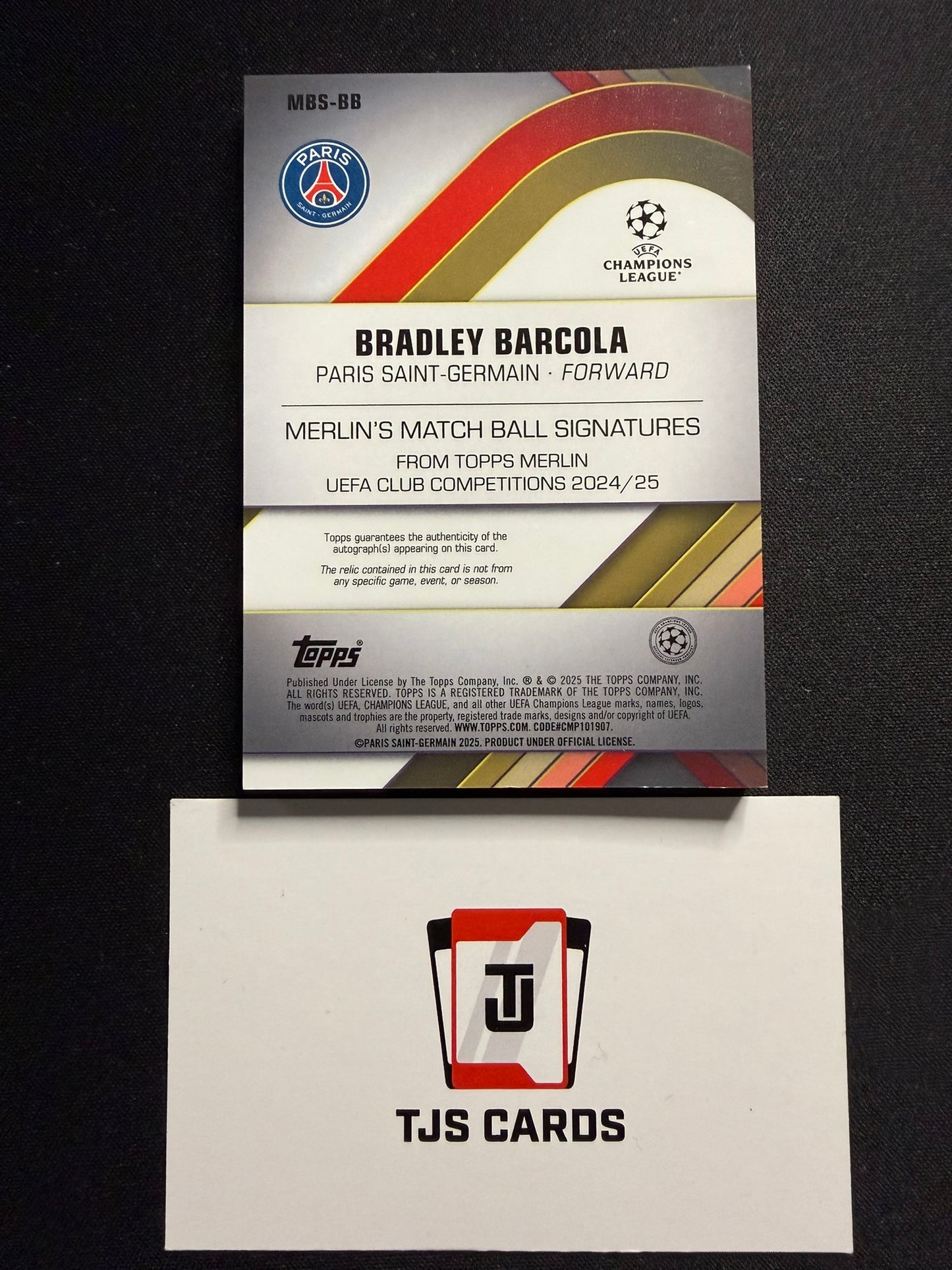 Bradley Barcola - Gold Match Ball Auto /50 - TOPPS Merlin Chrome UCC 2024/25
