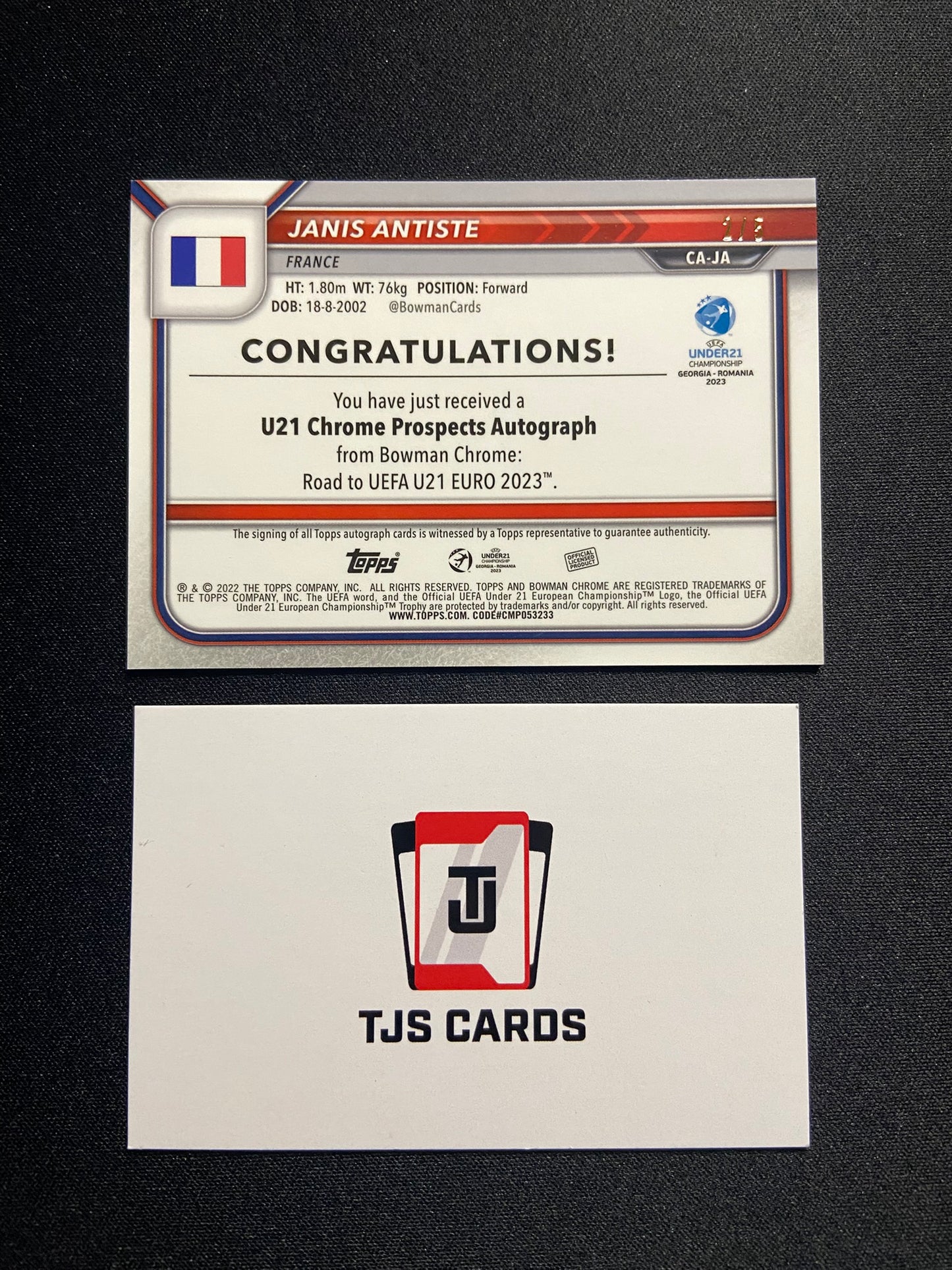 Janis Antiste - 1st Bowman Red Auto /5 - TOPPS Chrome UEFA U21 EURO 2023