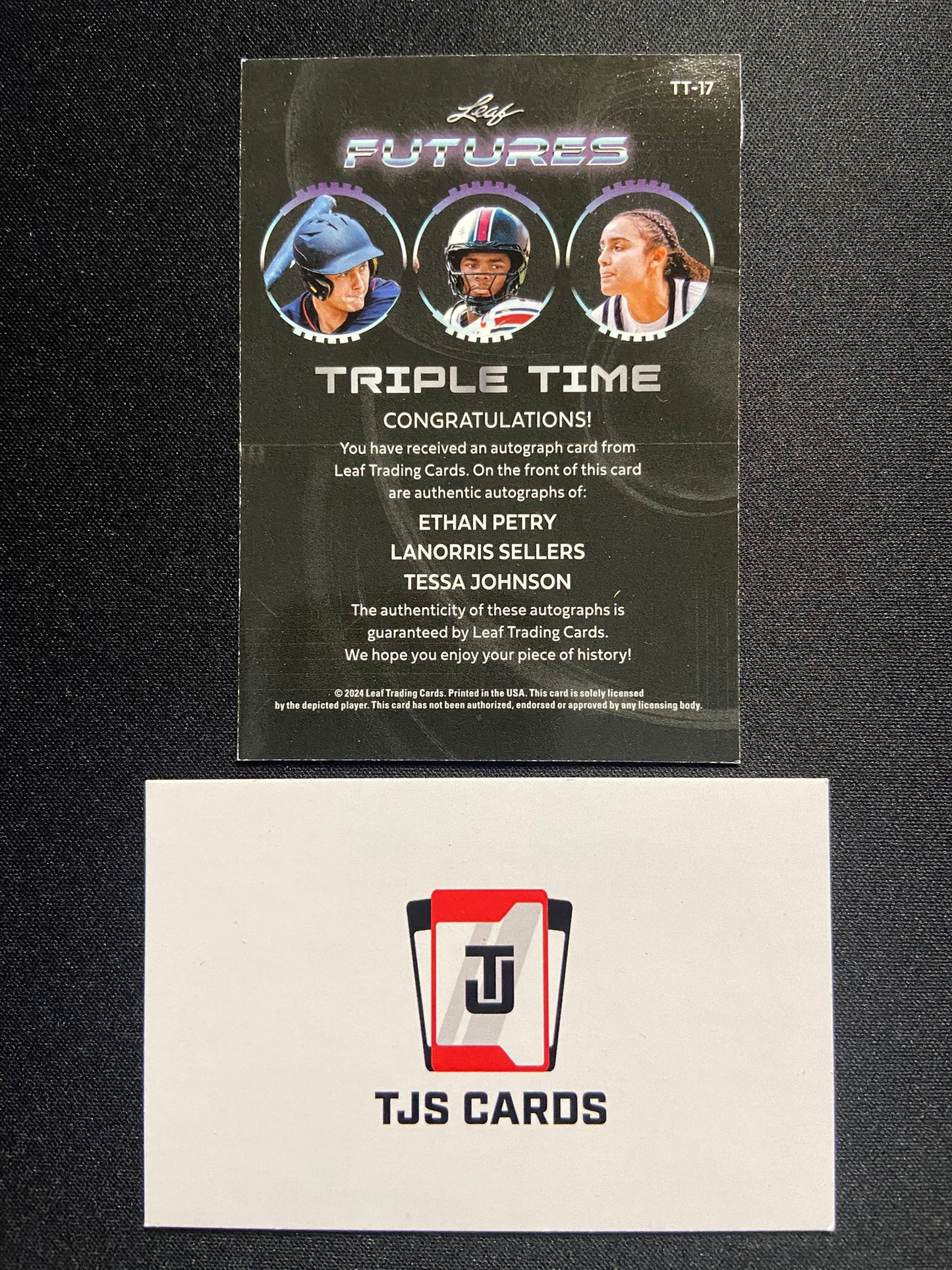 Ethan Petry / Lanorris Sellers / Tessa Johnson - Triple Auto /9 - Leaf Futures 2024
