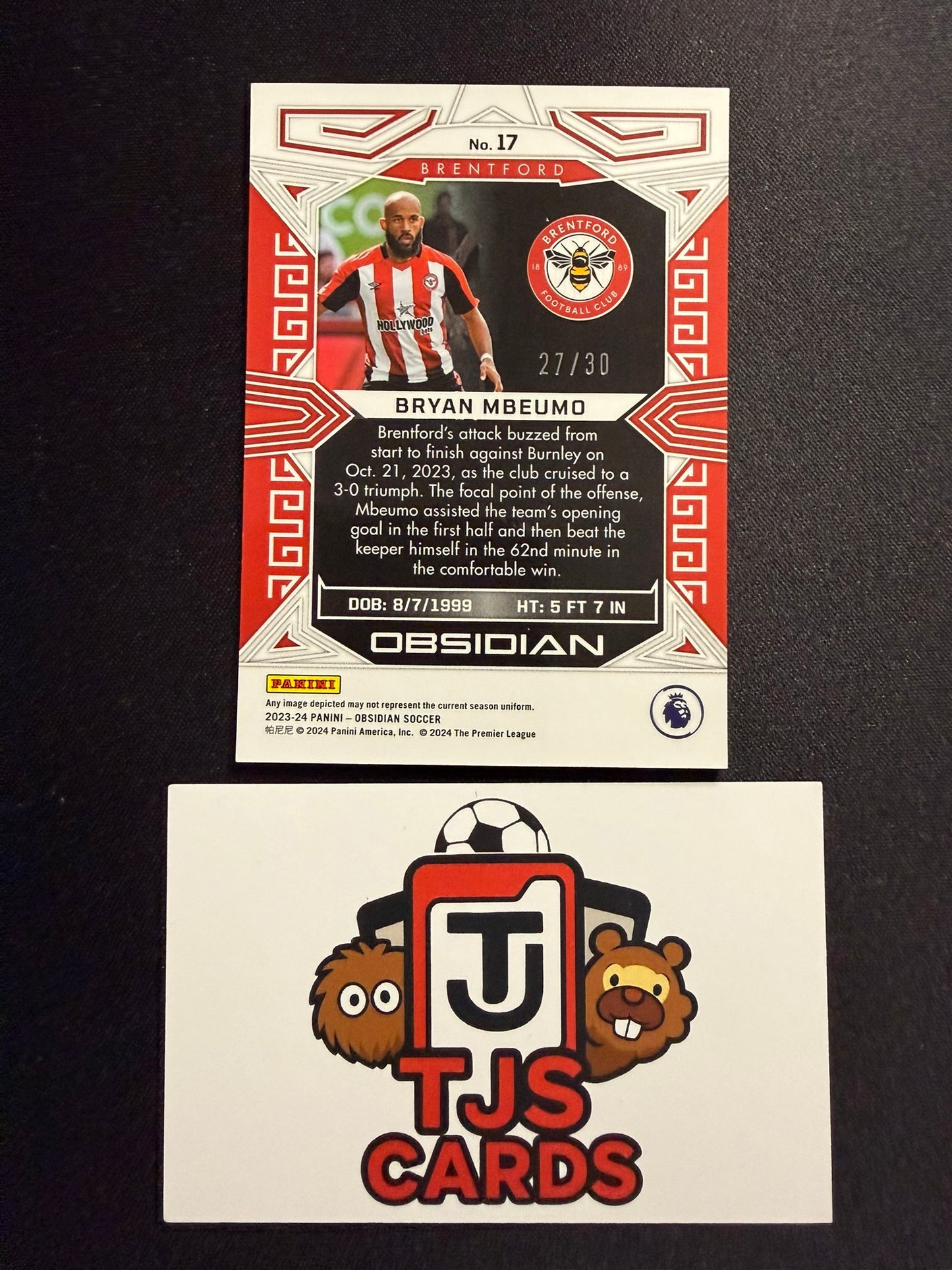 Bryan Mbeumo - Electric Etch Red Crystals /30 - Panini Obsidian 2023/24