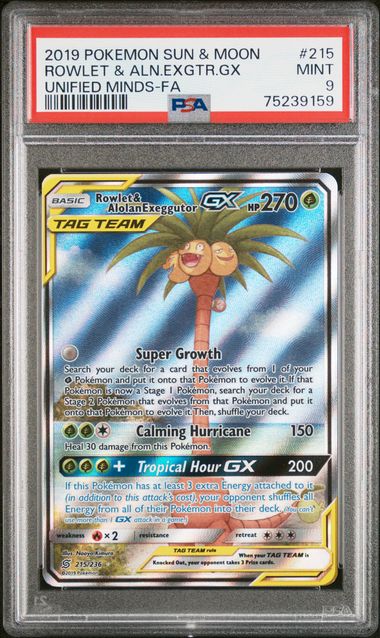 Rowlet & Alolan Exeggutor GX - PSA 9 - Full Art - Unified Minds 215/236 - Pokemon