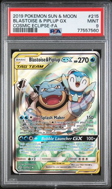 Blastoise & Piplup GX - PSA 9 - Alternate Art - Cosmic Eclipse 215/236 - Pokemon